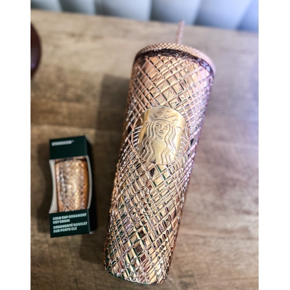 Starbucks 2023 Holiday Metallic RoseGold Jeweled Tumbler & Keychain/Ornament